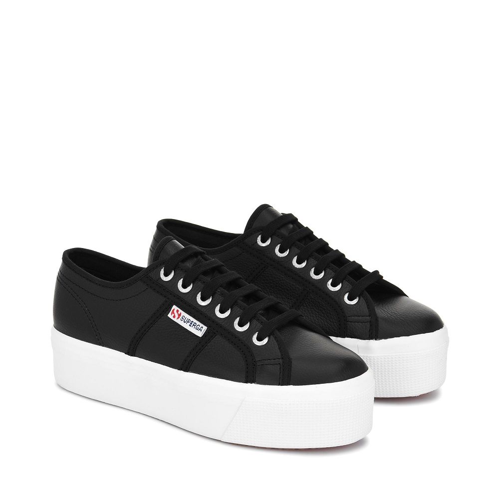 Superga 2790 Tumbled Leather Black Platform Sneakers - Women's Sneakers USA | US9276420